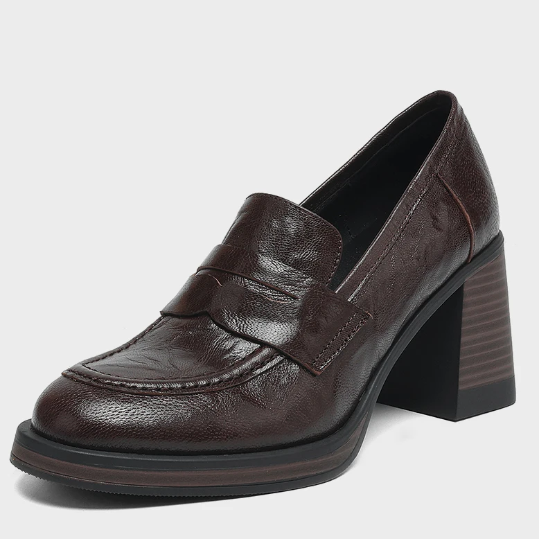 EAGSITY cow leather retro penny loafers women heel leather shoes slip on outdoor footwear office lady dress shoes party wedding