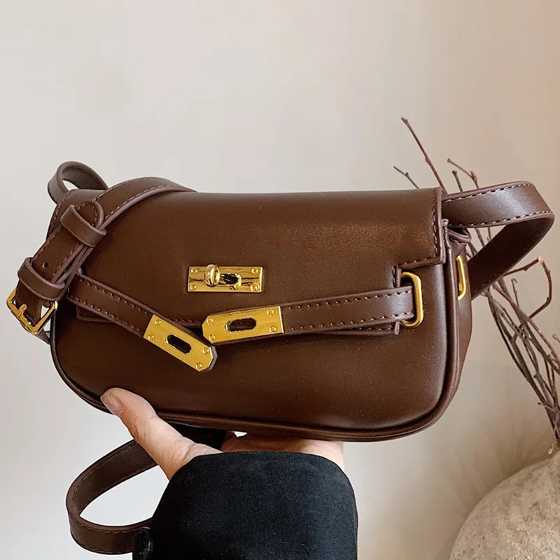 Ladies' Retro Shoulder Bag Fashion Temperament Lock Versatile Crossbody Bag 2025 Spring Texture PU Commuter Small Square Bag