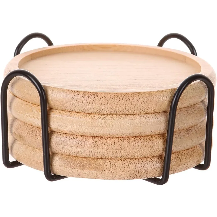 

Bamboo 4 ih coaster [4 pcs] Coasters with Holder - Drinking Coasters - Cup Mat for Drinks - Live for Hot or Cold Drink - Non-sl