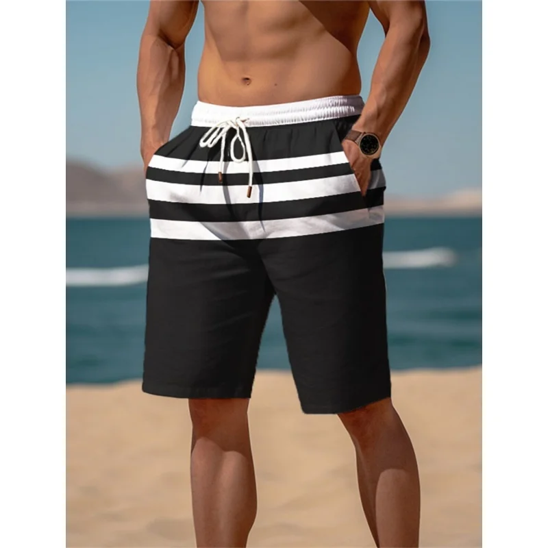 

Classic Striped Men's Casual Shorts, Thin Breathable Summer Beach Pants, Black White Patchwork Lightweight Home Loungewear