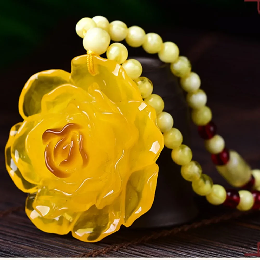 Baltic Amber Wax Natural Chicken Oil Yellow Old Beeswax Pendant Peony Flower Women Original Stone Amber Sweater Chain Necklace