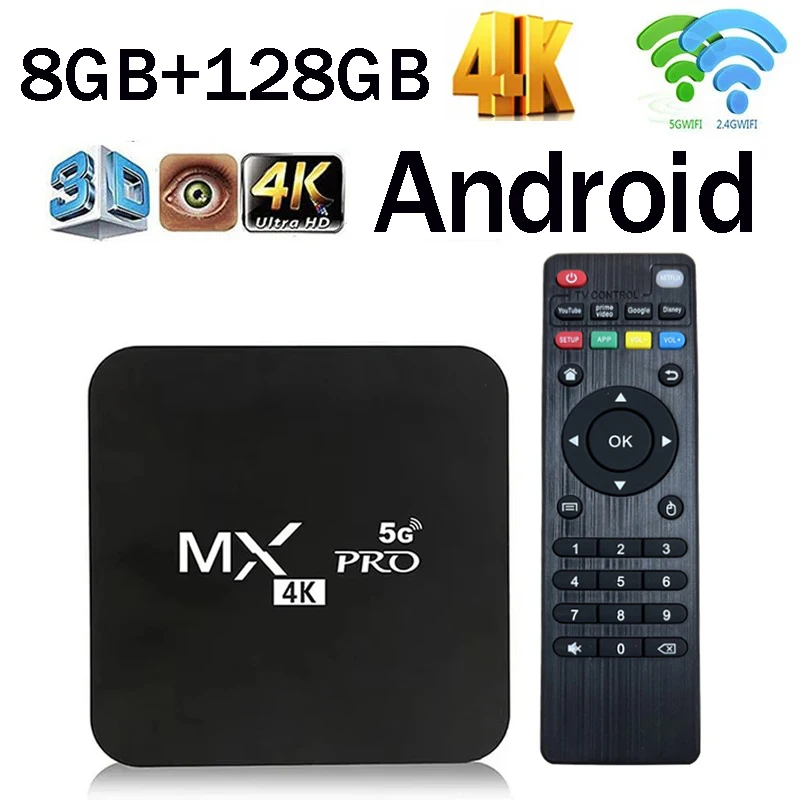 Smart TV BOX MX Pro Android 4G/5G WiFi de doble banda, 8GB de RAM, 128GB de ROM, reproductor multimedia 3D, decodificador 4K, Smart TV Box, versión global.