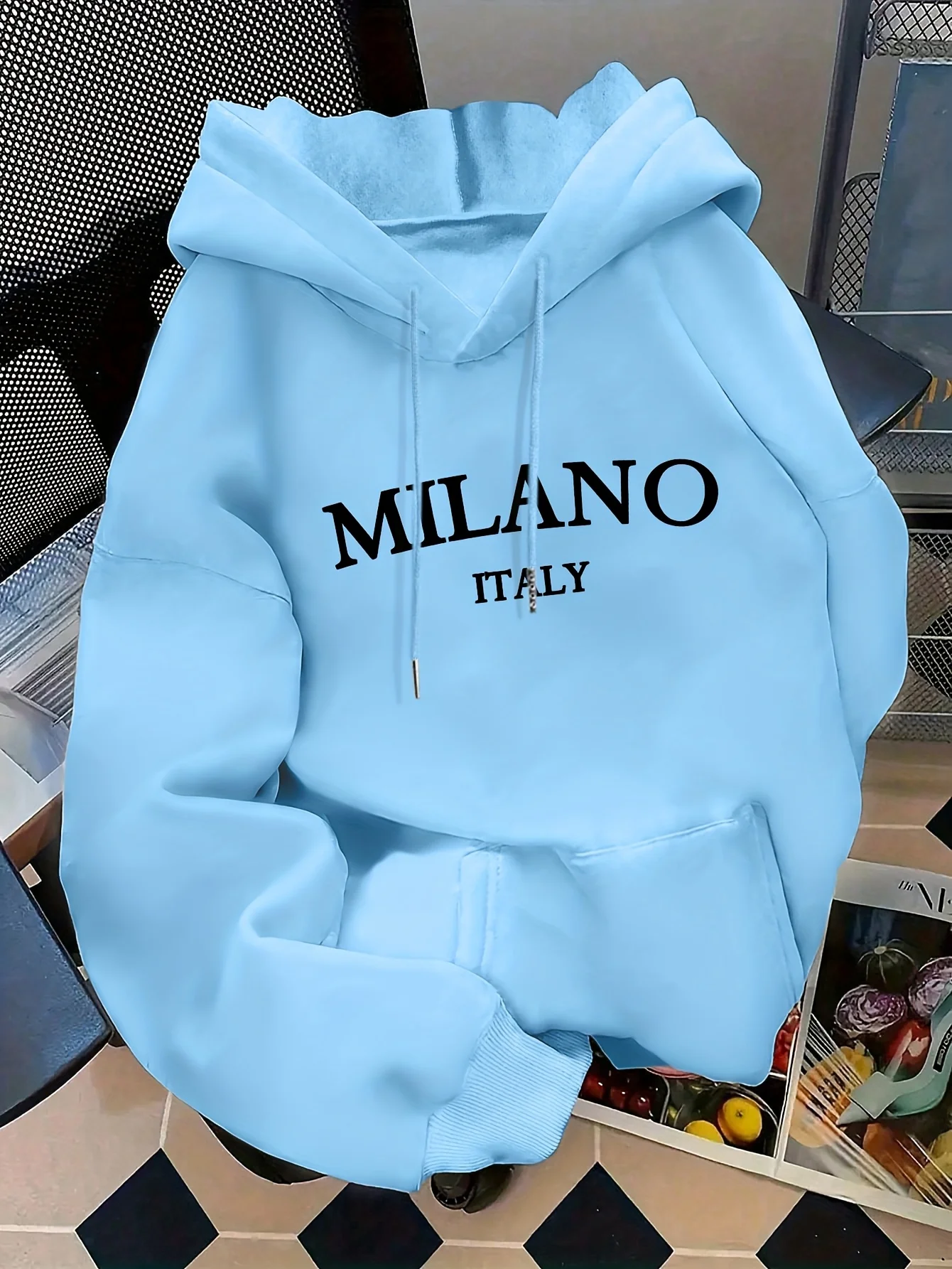 Women's fashionable hoodie with Italian letter print and kangaroo pocket. Perfect for casual wear when going out daily hoodie
