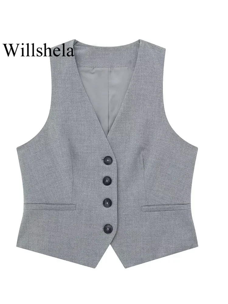 Willshela Women Fashion 2 Piece Set Grey Single Breasted V-Neck Vest & Vintage High Waist Shorts Female Chic Lady Shorts Set