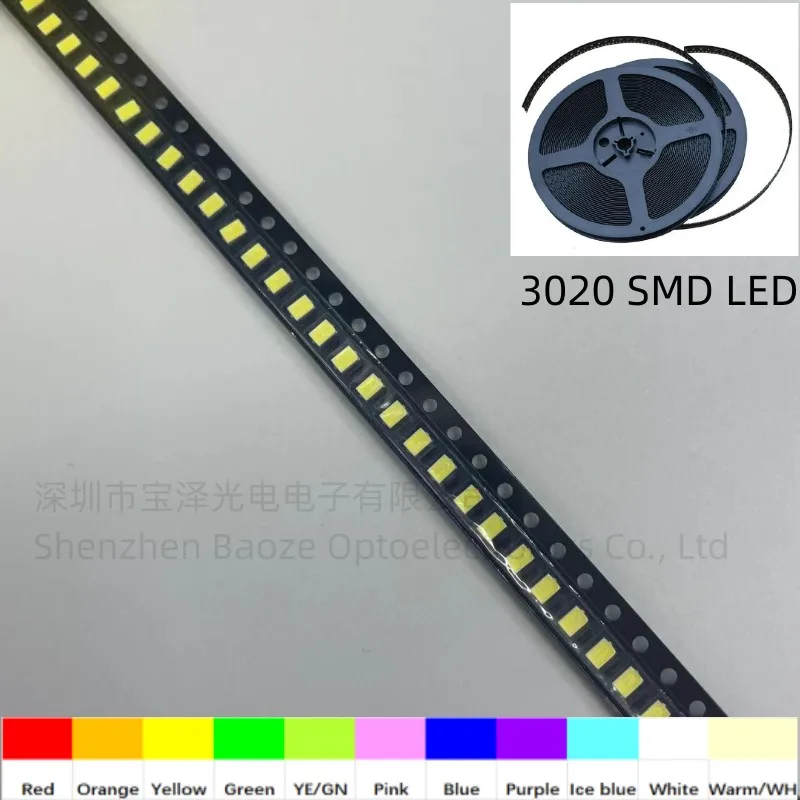 3020 SMD LED Red Yellow Green White Blue Pink Ice Light Emitting Diode 100pcs/Lot