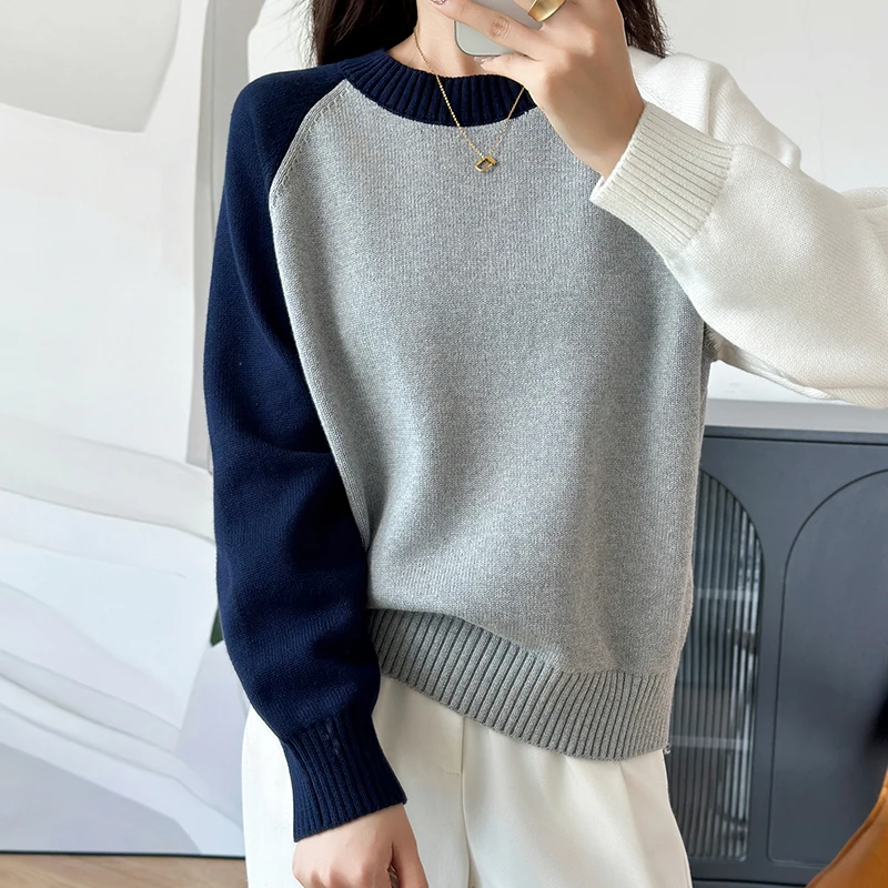Autumn and winter 100% pure cotton sweater pullover for women, round neck casual color blocked knitted loose long sleeved top