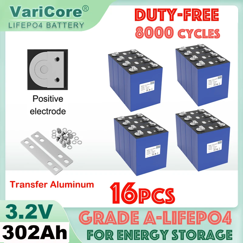 

16pcs 3.2V 302Ah Lifepo4 Battery Lithium Iron Phosphate DIY 4s 12v 8s 24v Energy Storage Solar RV Campers Cell Grade A Tax Free