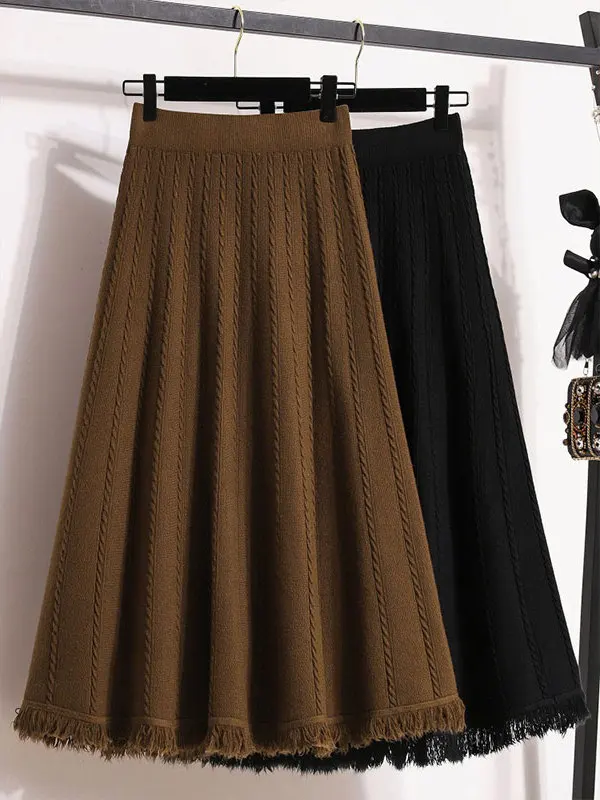 High Waist Knitted Midi Skirt Large Size Fashionable Slimming Autumn Winter plus Size MM Ageless Meat Concealing Frayed Hem S...