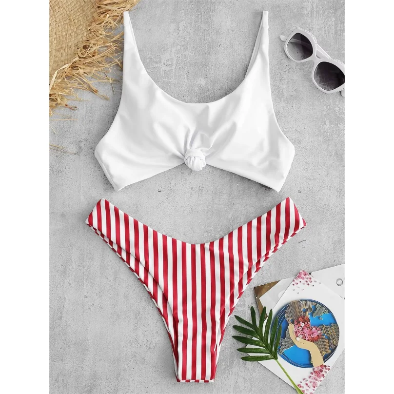 

Sexy Micro Bikini 2026 Women Swimsuit Scoop Neck Striped Swimwear Knot Bow Fringe Summer Beachwear Bathing Suit Push Up Biquini