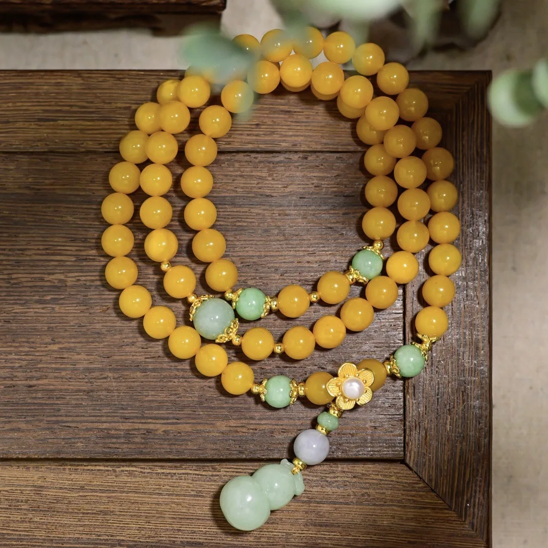 Natural Amber 3-Loop Bracelet, A-Grade Pea Green Jade Detachable Gourd Pendant, S925 Silver Chinese Bracelet