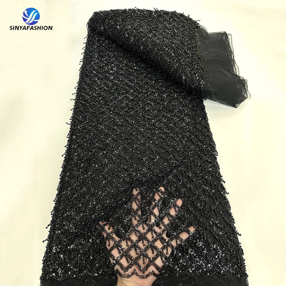 Tim Black African Nigerian 3D Tassels French Net Embroidery Tulle Lace Fabric Heavy Hand Beaded Lace Fabric Luxury Wedding Dress