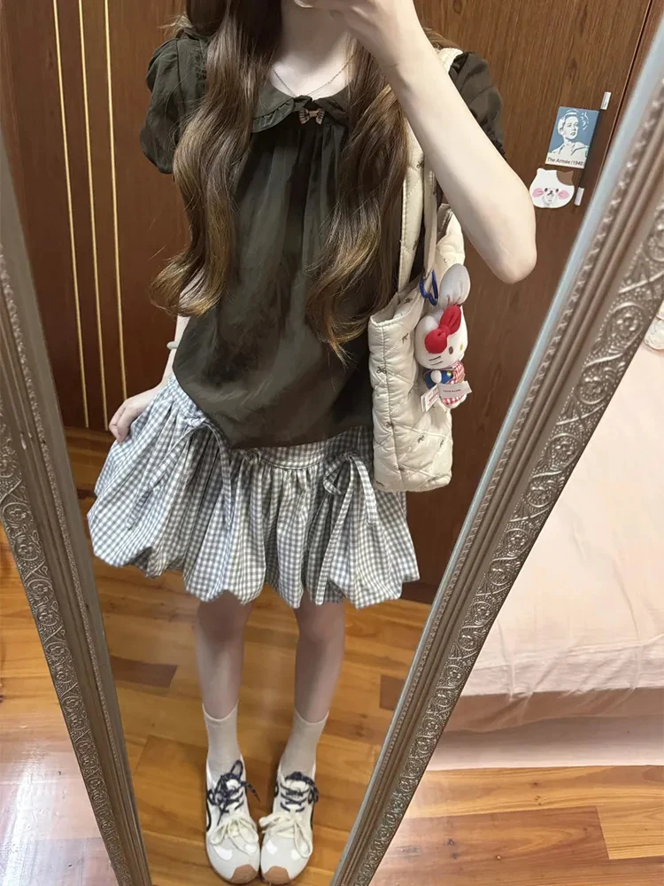 Retro kanten kraag Bubble ort Sve irt dames zomer 2025, nieuwe geruite knoprok, tweedelige set polyestervezel rond...