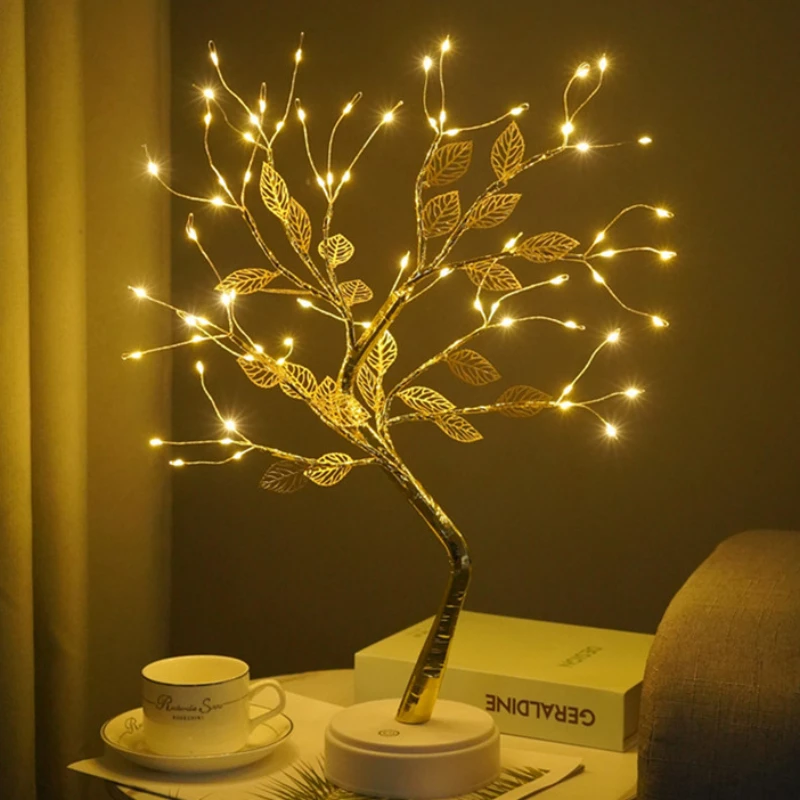 Mini árbol de Navidad con luz LED nocturna, luz de alambre de cobre para niños, decoración del hogar, dormitorio, luz de cuento de hadas, iluminación de vacaciones