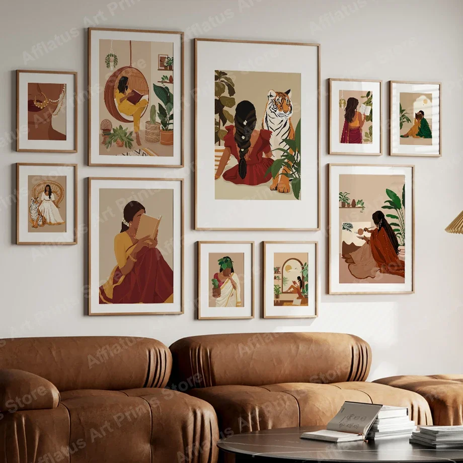 

Indian Woman Saree Reading Desi Art Brown Girl Plants Tiger Abstract Posters Of Wall Art Canvas Prints Pictures Boho Room Decor
