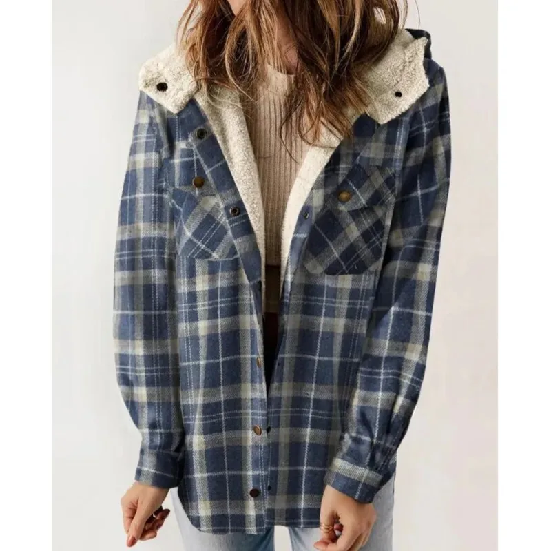 Casual Lose Tasche Warme Weibliche Hemd Jacke 2025, Vintage Büro Dame Winter Mantel Mode Frauen Langarm Kariertes Hemd Mantel