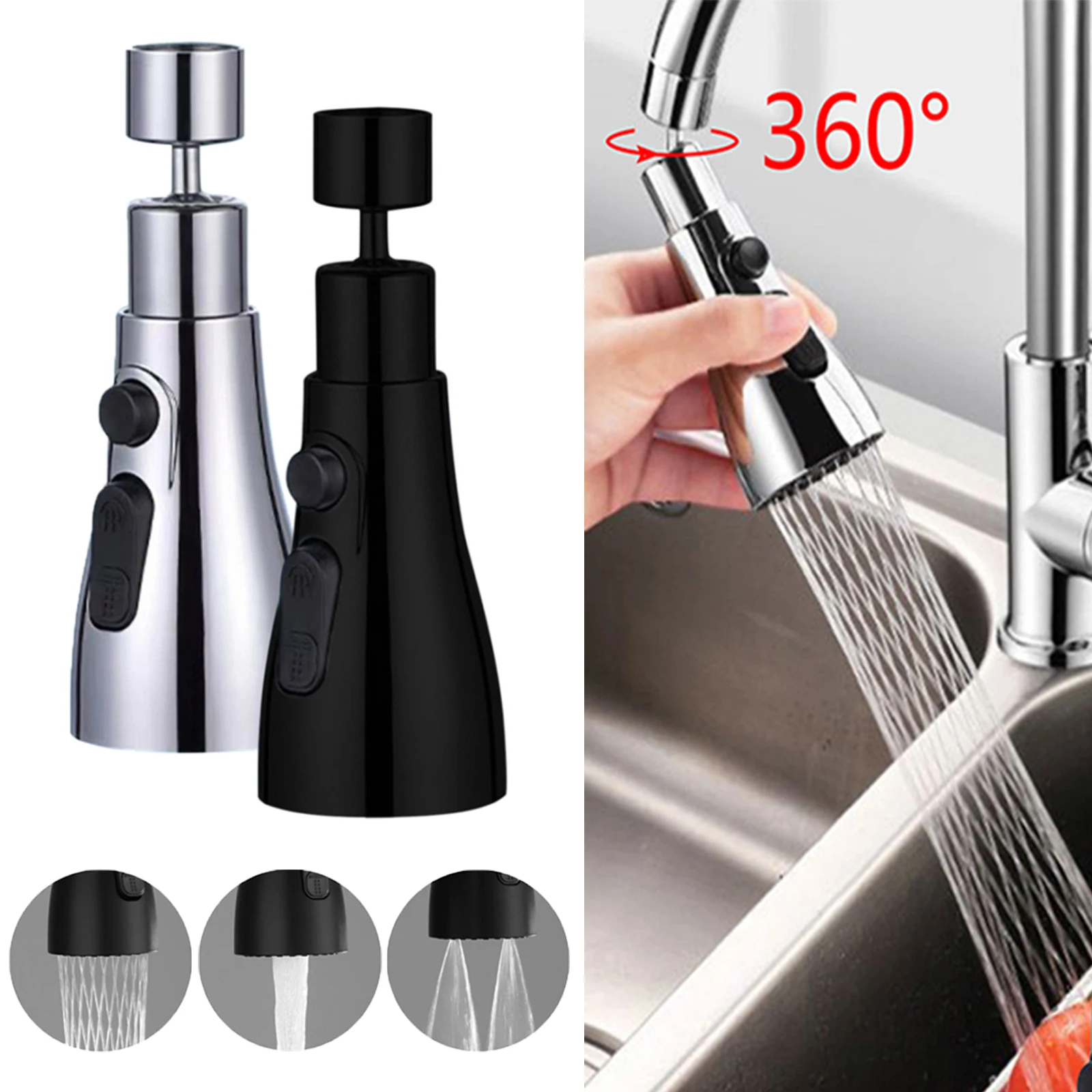 3 In 1 Kitchen Faucet Extender Universal 360° Rotate Pull Out Kitchen Tap Multi-mode Strong Flushing Booster Kitchen Accessories