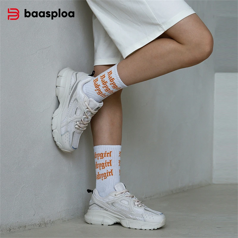 Baasploa Women Casual Sneakers Lightweight Breathable Sport Shoes Female Solid Color Walking Shoes Platform Clunky Sneakers