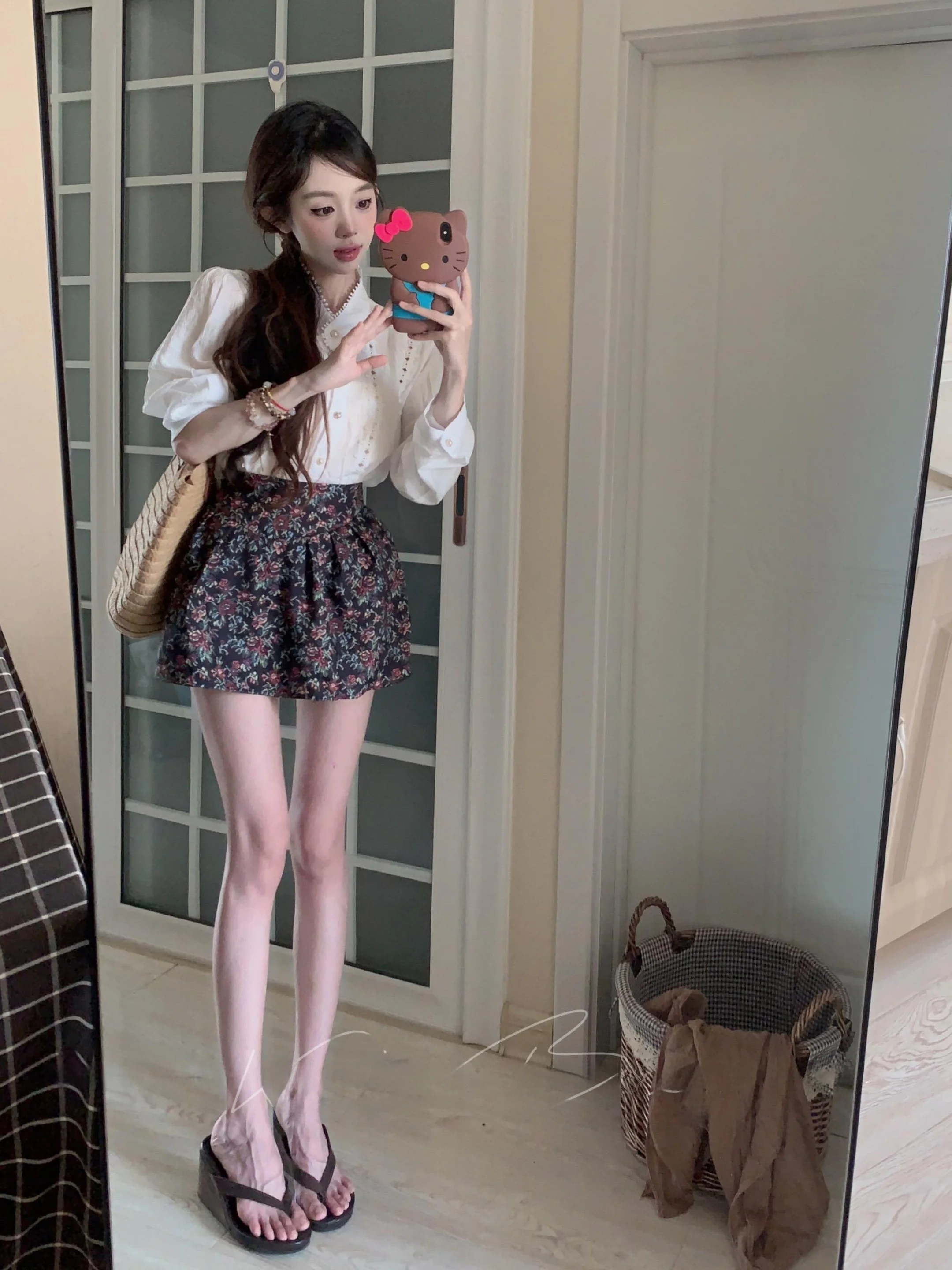 Korean Style Elegantly Embroidered Long Sleeve Button up Shirt And Half Skirt Two Piece Set with Hook Flower Design Stand Collar