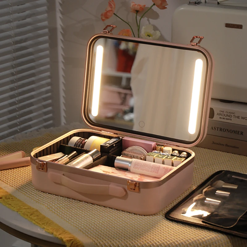 Lighted Makeup Case with Mirror - Portable Travel Makeup Organizer with LED Mirror, 3 Light Settings, Rechargeable Makeup Bag w