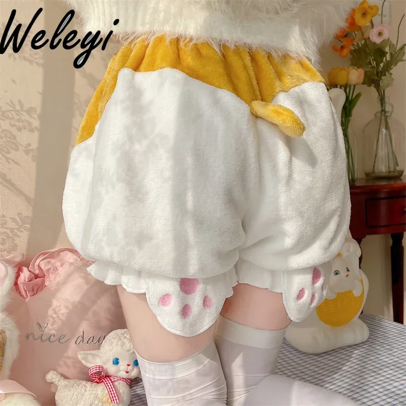 Lolita Fleece Warm Lantern Base Shorts Women's 2024 Winter Fashion New Super Cutecore Corgi Butt Tail Casual Loose Pumpkin Pants
