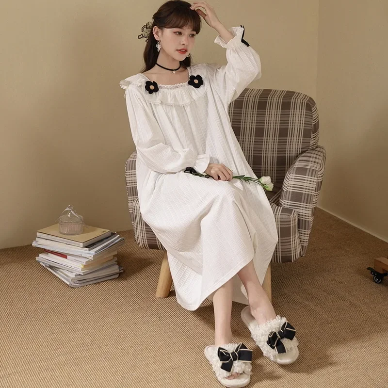 Long-sleeved Nightgown Women\'s 2024 Spring and Autumn Court Style Girls Cotton Pajamas White Loose Casual Night Dress for Women