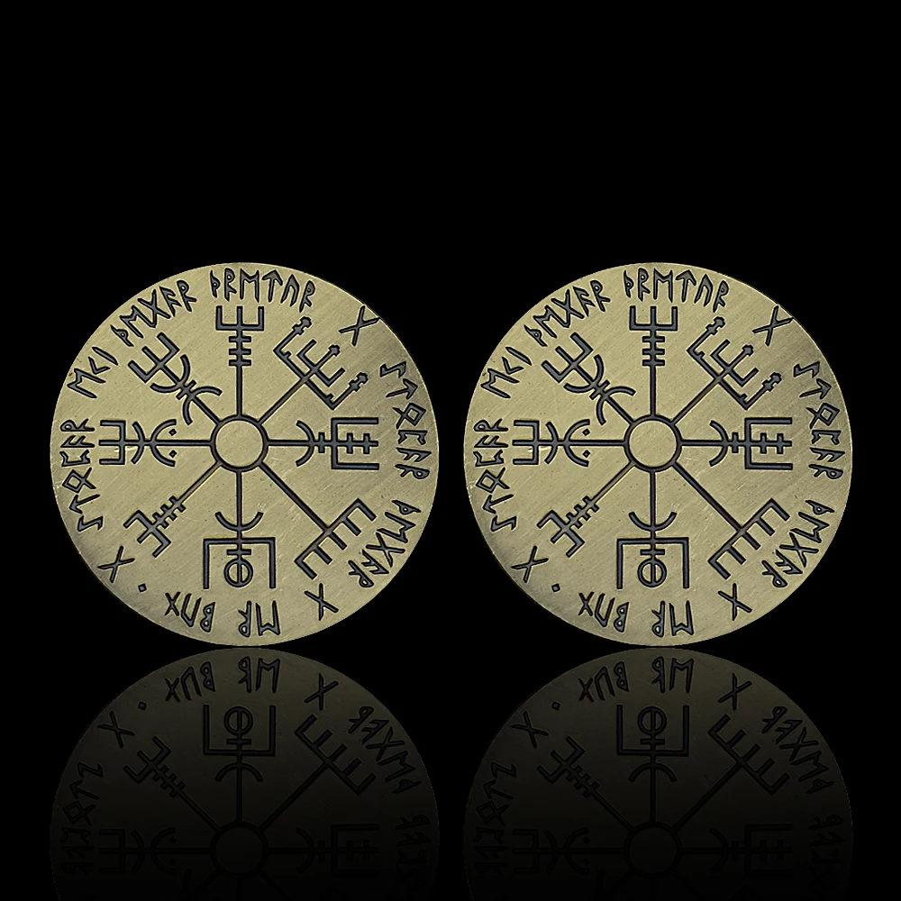 Viking Compass Coin Solomon Sunwheel Rune Bronze Challenge Coin Nordic Talisman Souvenir Gift for Men Home Decor