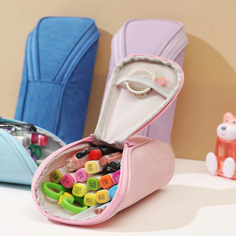 Creative Standing Pencil Case Cute Large Capacity High School Students Stationery Bag Simple Solid Zipper Cosmetics Bag Kid Gift - Image 2