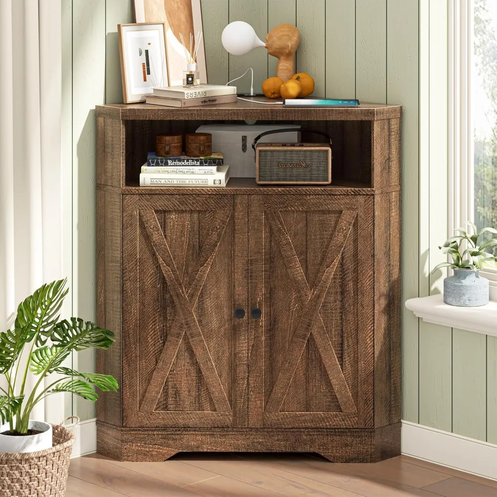 

Corner Storage Cabinet, Small Corner Cabinet with USB Ports and Outlets Organizer, Barn Door Design and Adjustable, Customized