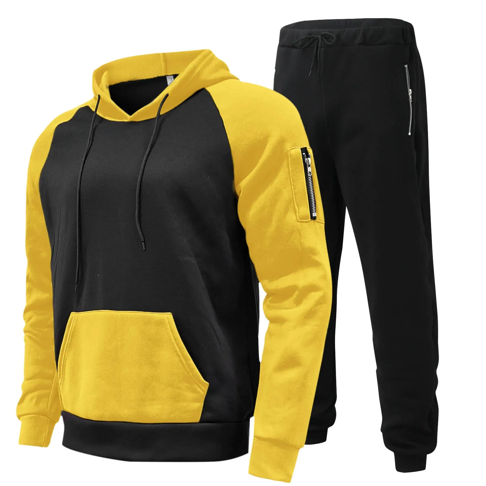 Conjunto de treino monocromático de 2 peças para homem, hoodies com calça, manga de bolso, roupas esportivas casuais, conjunto elegante