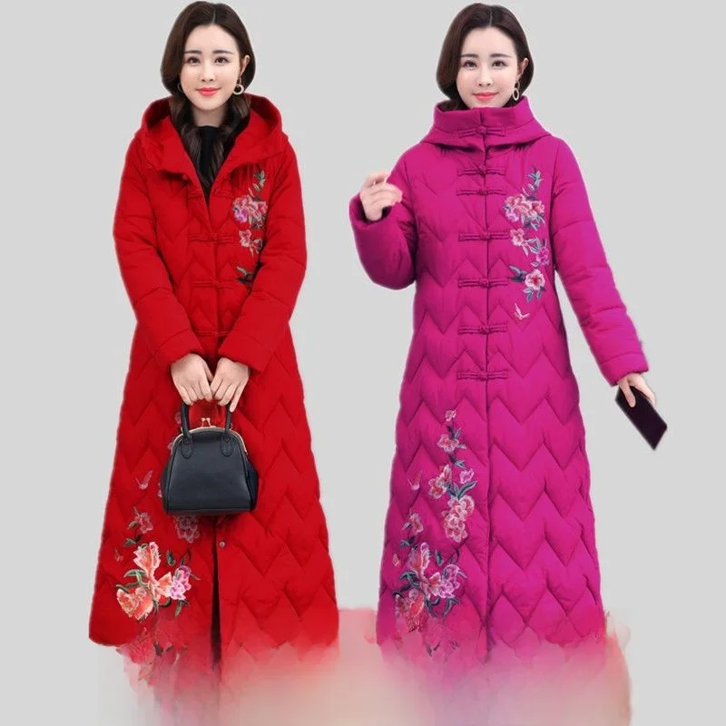 

Зимнее утепленное пуховое пальто для женщин, длинное, в этническом стиле, ниже колена, теплое, пушистое, с капюшоном, парка, женская одежда...