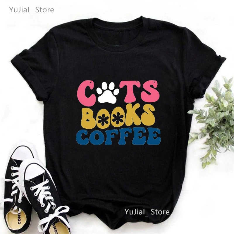 

Funny Cats Books Coffee Letter Printed Tshirt Girls Kawaii White/Black/Pink T Shirt Women Summer Fashion Short Sleeve T-Shirt