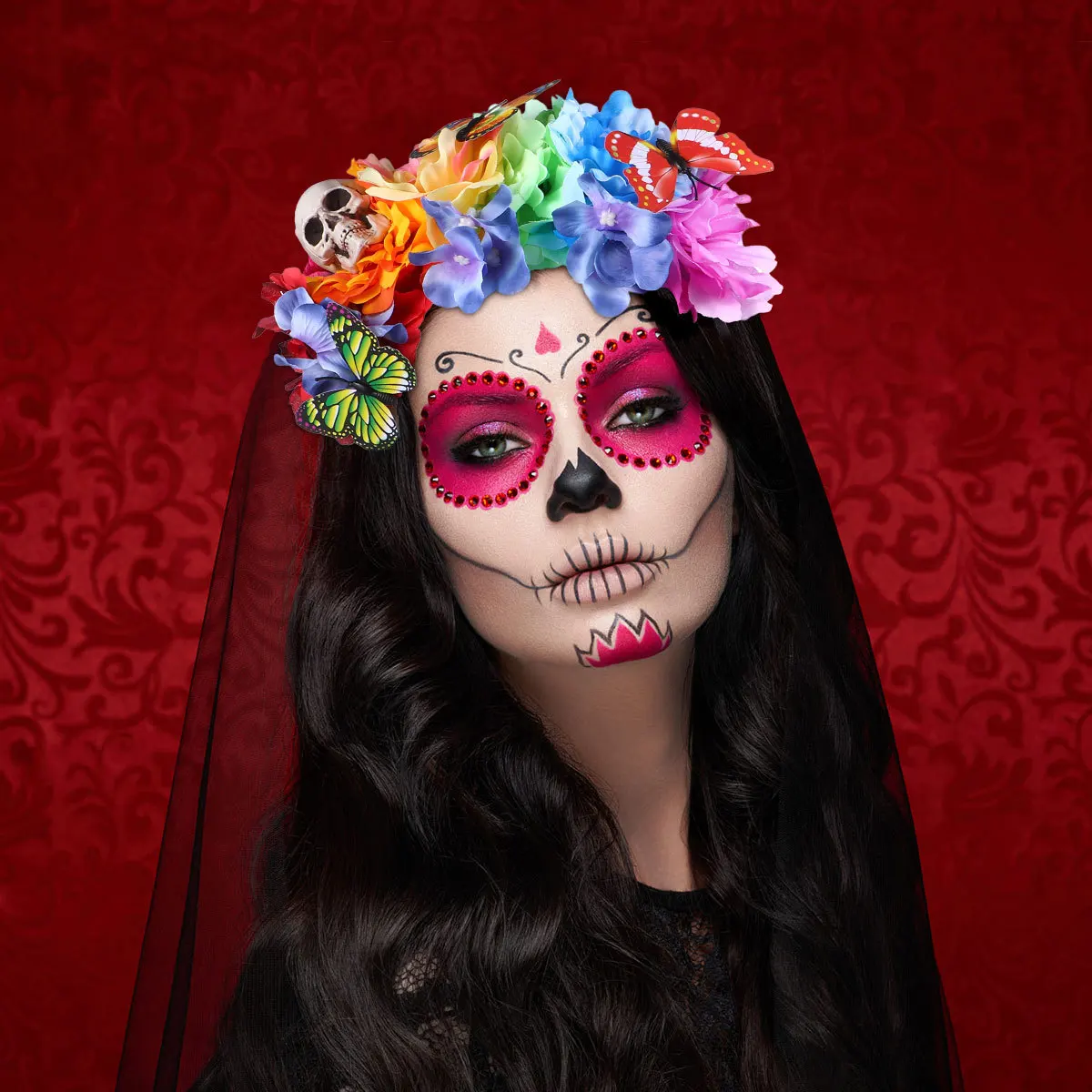 

Skull Halloween Headband Colorful Flower Detail Lightweight Comfortable Perfect for Costume Party Cosplay Festival Headwear