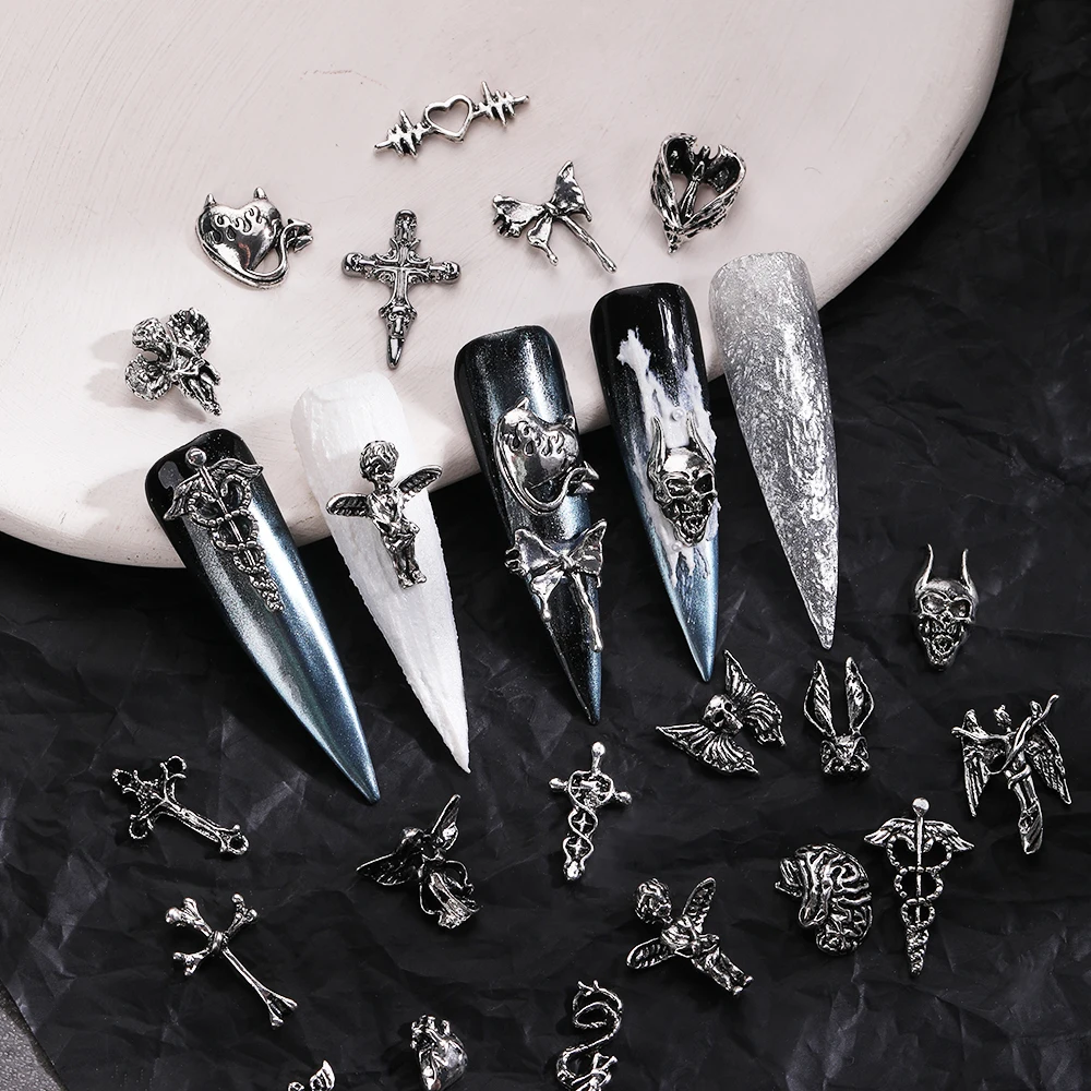 10pcs 3D Halloween Goth Punk Alloy Nail Charms Cross Devil Angel Nail Parts DIY Nail Art Decoration