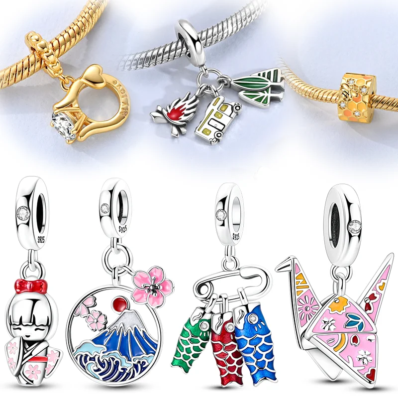 

Новые стерлингового серебра 925 пробы, очаровательные бусины, кимоно, крепление, Fuji, бумажные журавли, кулон для оригинального браслета, женский подарок «сделай сам»