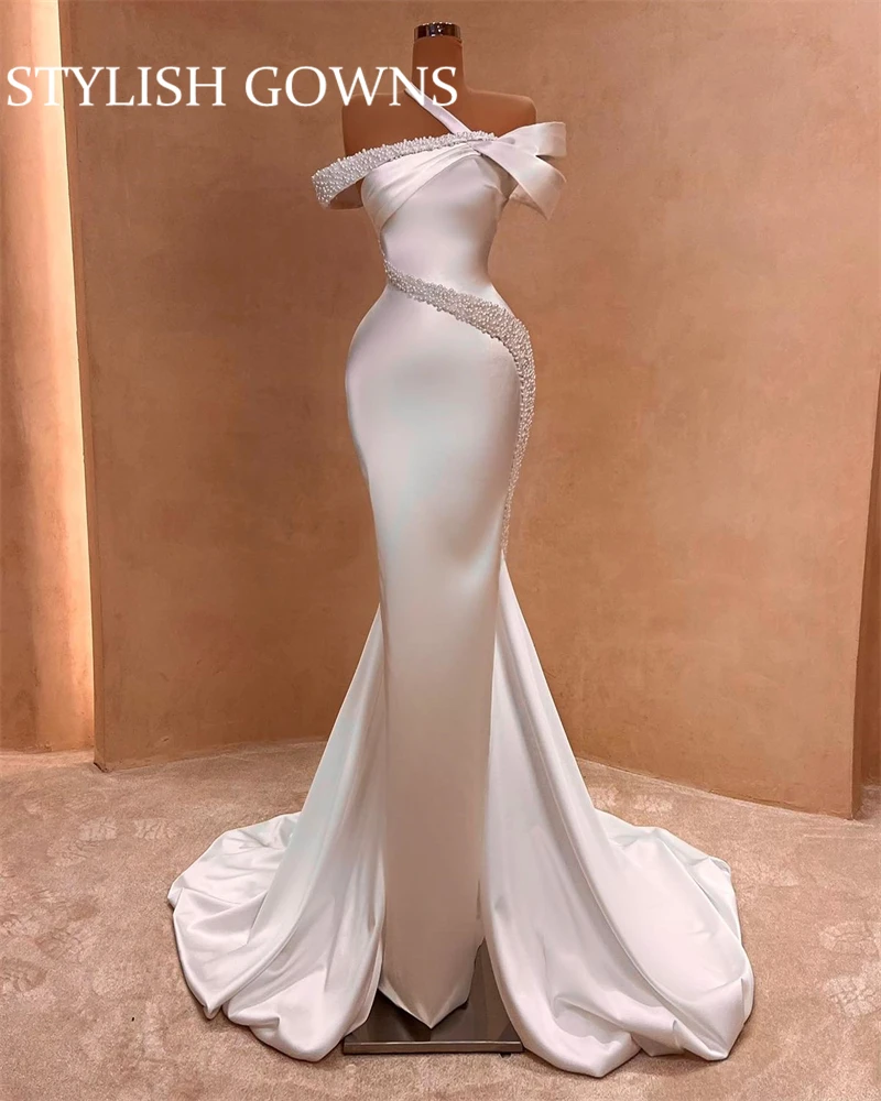 

2023 Luxury New White One Shoulder Wedding Dress Beaded Pearls Bridal Gown Formal Gowns Mermaid Long Prom Robe De Soirée Mariage