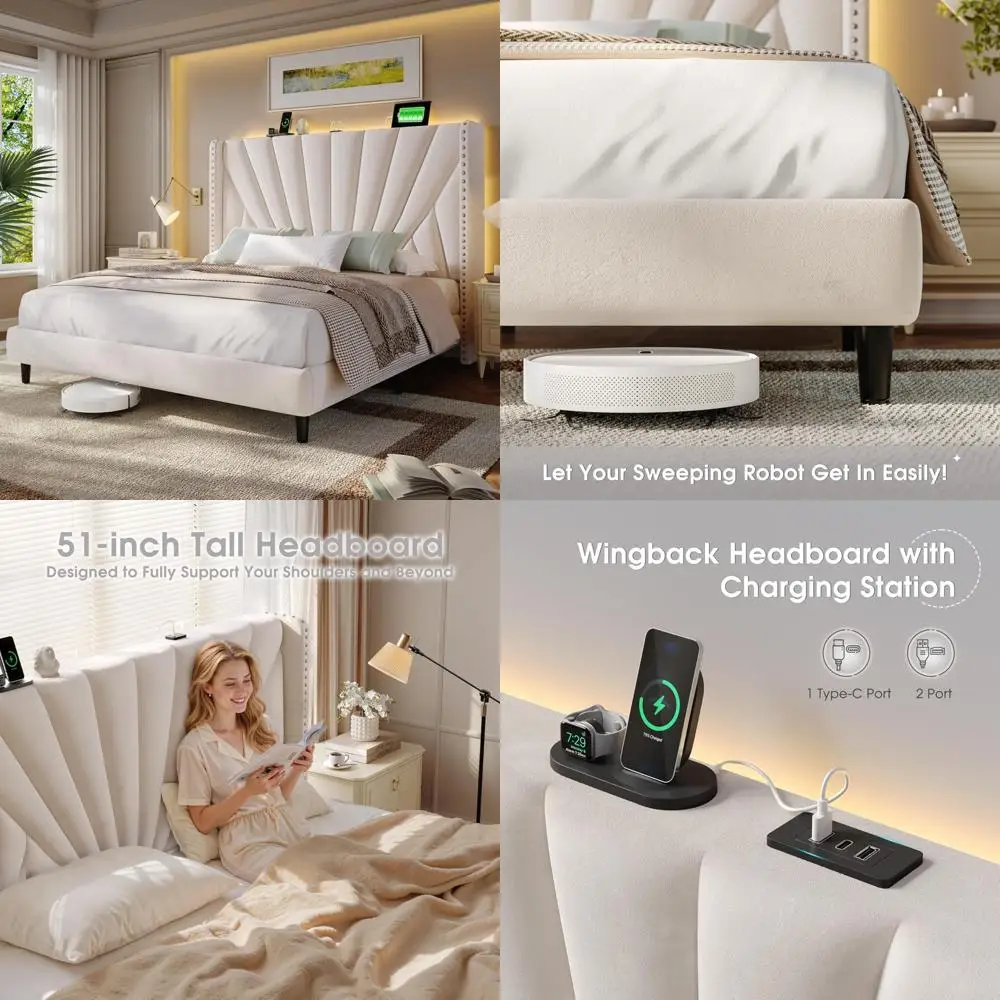 

Velvet Wingback Queen Bed Frame with 51 High Headboard, Upholstered Platform Bed featuring Charging Station and LED Lights