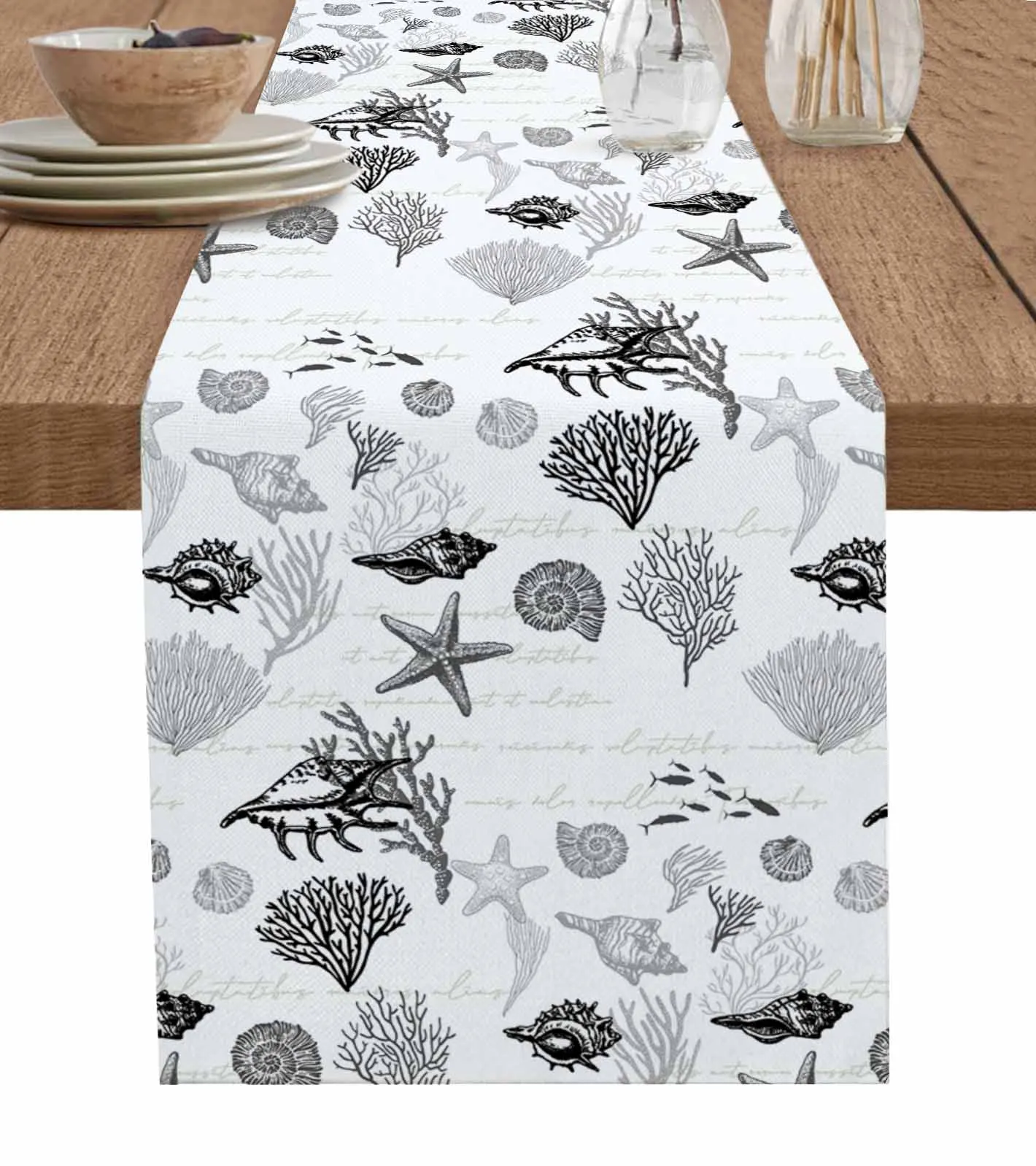 

Starfish Shell Coral Navigation Black Grey Linen Table Runners Kitchen Table Decoration Dining Table Wedding Party Supplies