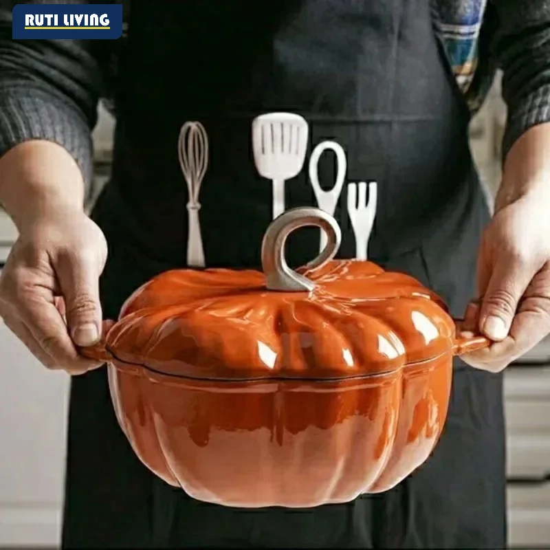 3.7L Enamel Coated Cookware Pumpkin Enameled Cast Iron Cooking Pot NonStick Enamel Pot Casserole Dish 12inch for All Heat Source