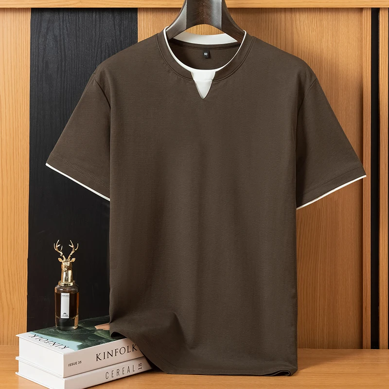 Summer Men's round V-Neck Cotton T-Shirt Business Casual Loose Fitting Pullover Short-Sleeved Fashion Top