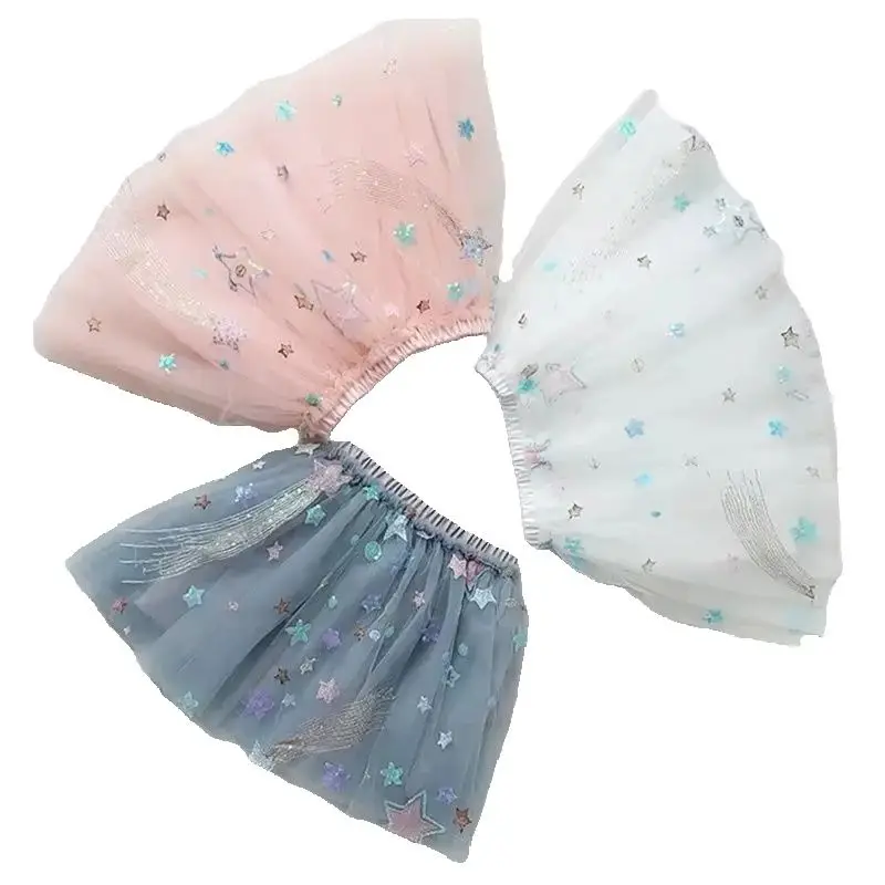 Stars Sequined School Girls Skirts Sweet Children\'s Princess Tutu Skirt Summer New Korean Casual Mesh Skirts Faldas Para 2022