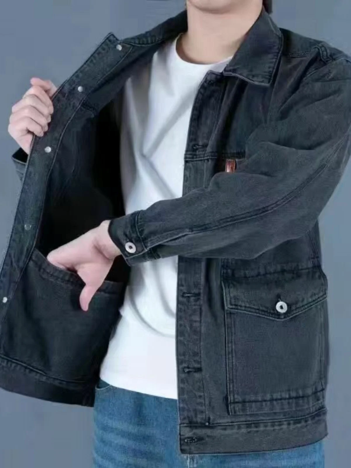 

Loose Men's Denim Jaet Windproof Spring Autumn Middle-aged Large Size Workwear Top Trendy Outerwear Breathable Stand Fit