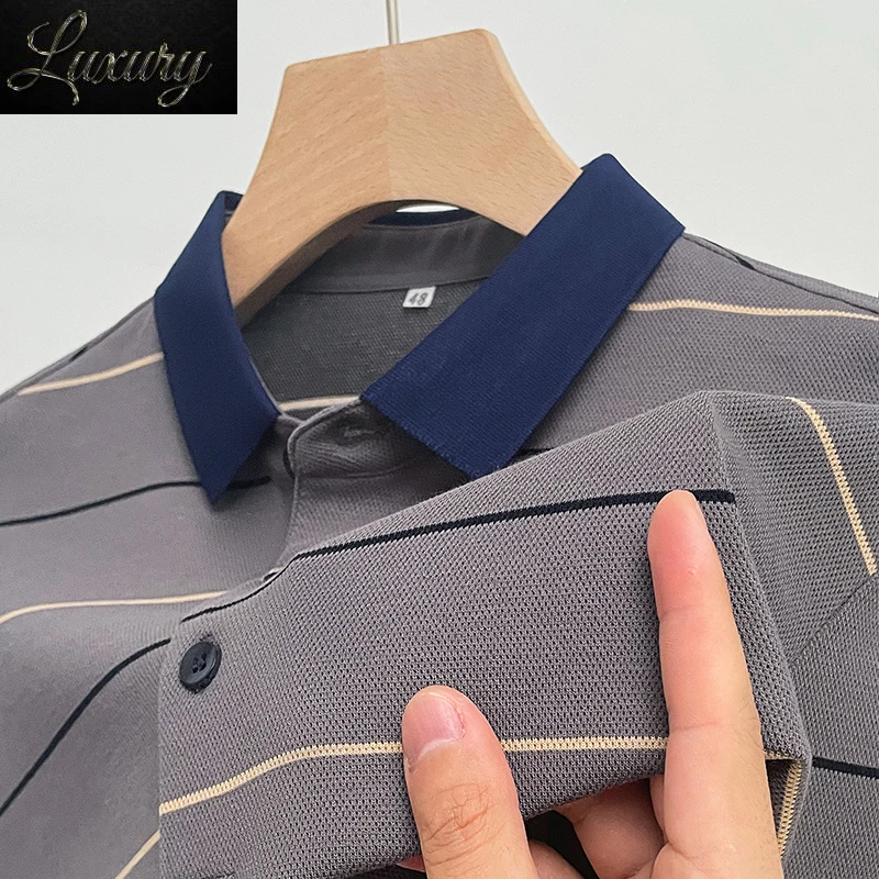 

New Men's Long-sleeved Knitted Lapel Polo Shirt Fashion Stripe Stitching Casual Male Brand Clothing Business Polo-shirt