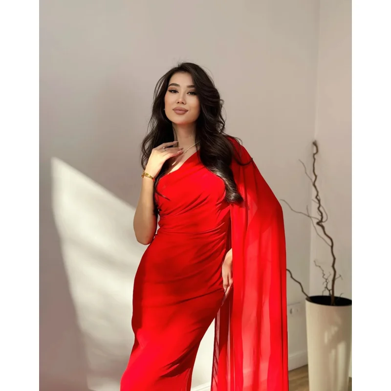 Indie Thời Trang Một Vai Prom Gown Phụ Nữ Màu Đỏ xếp li Đảng Buổi Tối Ăn Mặc Chiều Dài Sàn Nàng Tiên Cá Tùy Chỉnh Trang Phục Chính Thức Dịp Áo