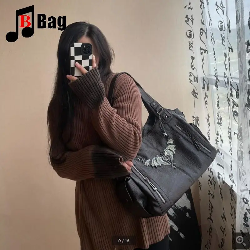 Y2K Gothic Women Girls Punk Handbags Harajuku Leisure Commuter One Shoulder Motorcycle Soft Leather Diagonal Straddle Bag Totes