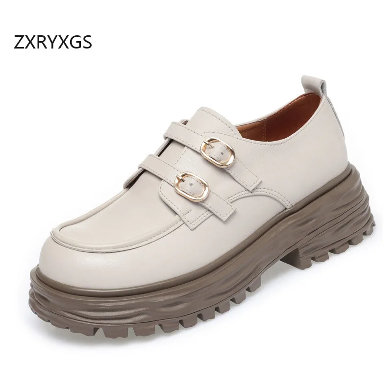 ZXRYXGS British Genuine Leather Shoes Thick Sole Non-slip Heightening Shoes Woman High Heels 2024 Elegant Comfort Loafers Shoes