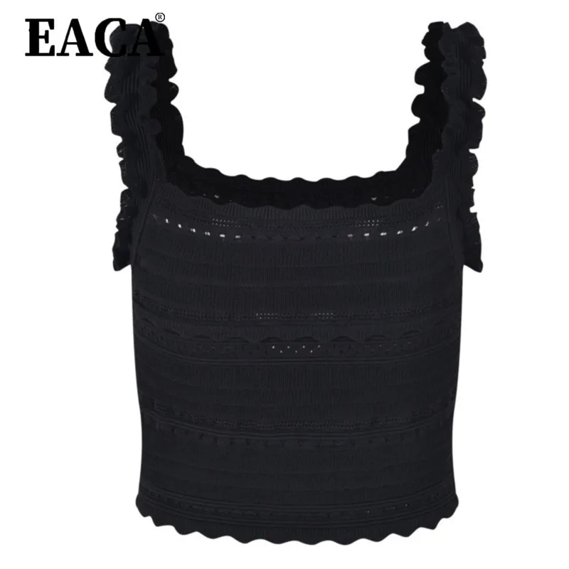 

EACA High-quality Design Sense 2025 Summer New Women's Fashion Black Lace Ice Silk Thin Knitted Short Halter Dress Set