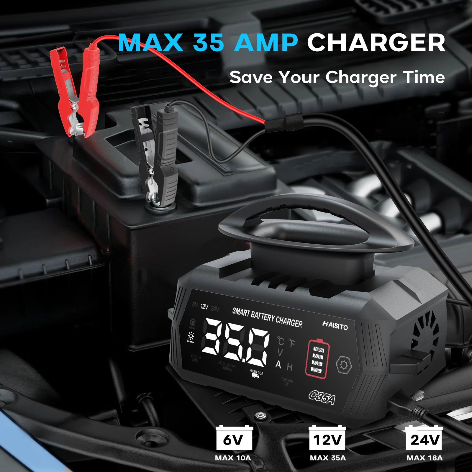 Nabíječka autobaterií HTRC 35A 6V/12V/24V Inteligentní nabíječka pro lithiové, LiFePO4, olověné, AGM baterie Automatická nabíječka pro motocykly - náhled 3