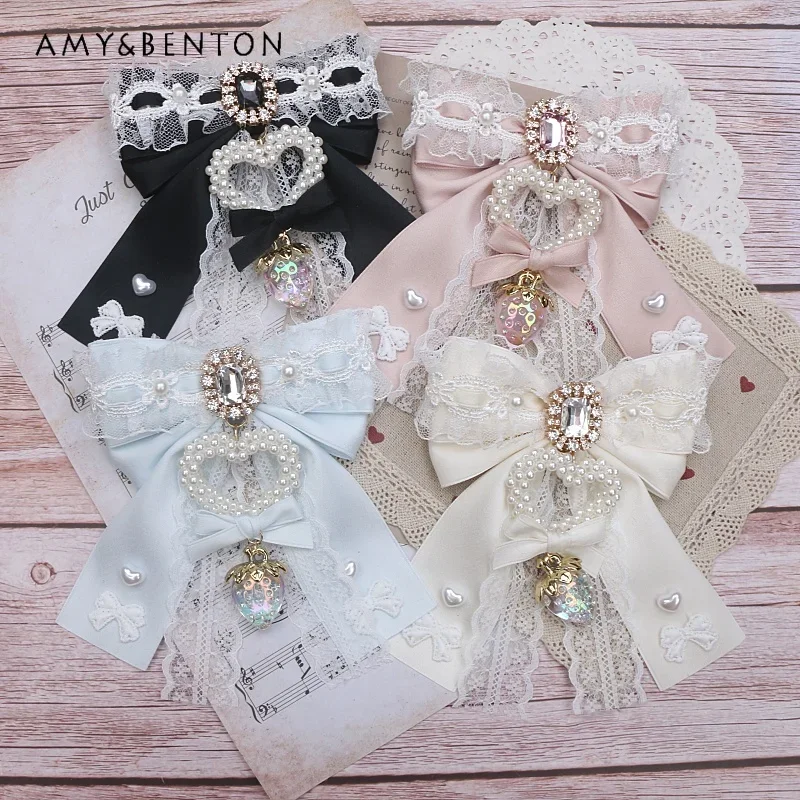 Handmade Mine Mass-Produced Handbag Pendant Heavy Industry Pearl Rhinestone Beaded Lace Bow Pendant All-Match Lolita Accessories