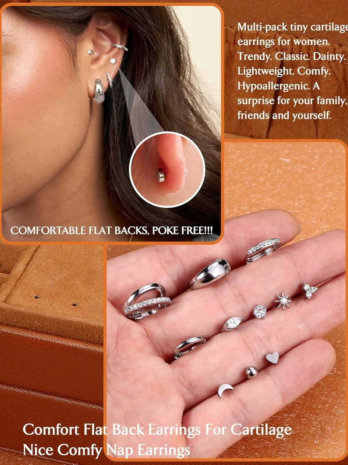 Bobisty 11 Pairs Surgical Steel Suds Earrings for Women Men 20G Flat Back Cartilage Stacks Studs Helix Multiple Piercing Jewelry