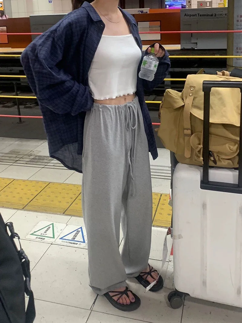 

Loose Long Sve irt Dstring Wide Leg Pants Plaid Sun Protection Spring Summer Vintage Casual Commute Sle Women's irt